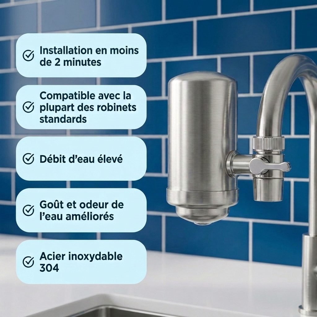 Filtre Aqorys monté sur un robinet : installation en moins de 2 minutes, acier inoxydable 304