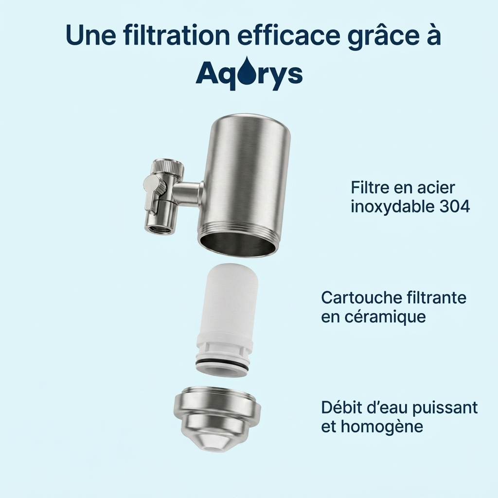 Vue éclatée du filtre Aqorys : corps en acier inoxydable 304, cartouche céramique et embout de sortie