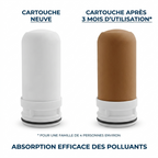 Cartouche céramique neuve blanche à côté d'une cartouche brunie après trois mois d'utilisation