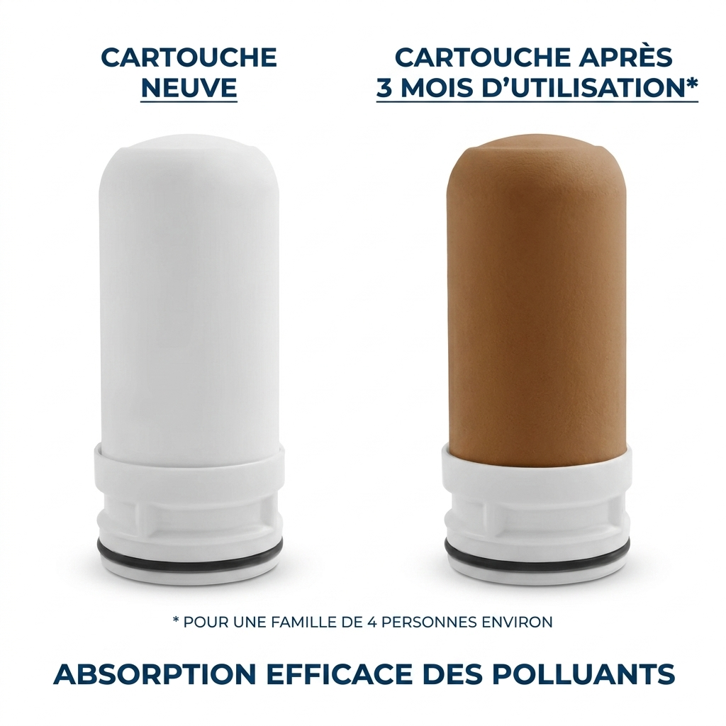 Cartouche céramique neuve blanche à côté d'une cartouche brunie après trois mois d'utilisation