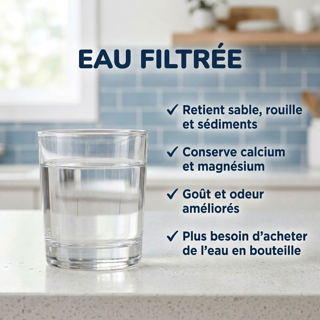 Verre d'eau filtrée sur un plan de travail de cuisine, accompagné des bénéfices du filtre Aqorys